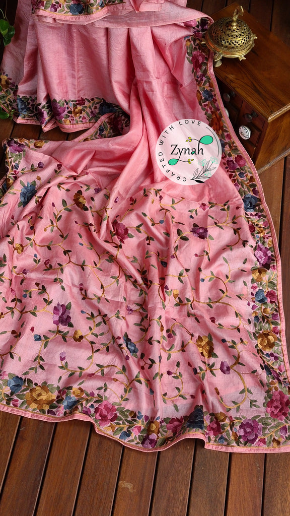 Zynah Made to Order Pure Tussar Silk Parsi Gara Handcrafted Saree; Custom Stitched/Ready-made Blouse, Fall, Petticoat; Shipping available USA, Worldwide