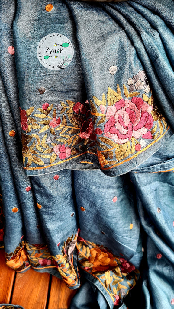 Zynah Made to Order Pure Tussar Silk Parsi Gara Handcrafted Saree; Custom Stitched/Ready-made Blouse, Fall, Petticoat; Shipping available USA, Worldwide