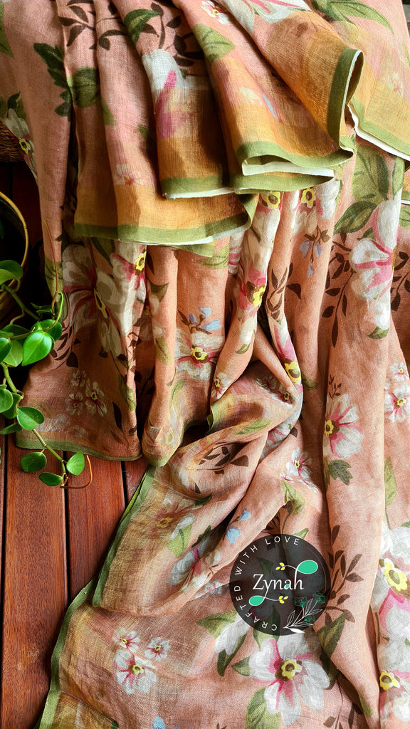 Zynah Organic Pure Linen by Linen(120c) Saree, Digital Floral Prints & Zari Border; Custom Stitched/Ready-made Blouse, Fall, Petticoat; Shipping available USA, Worldwide