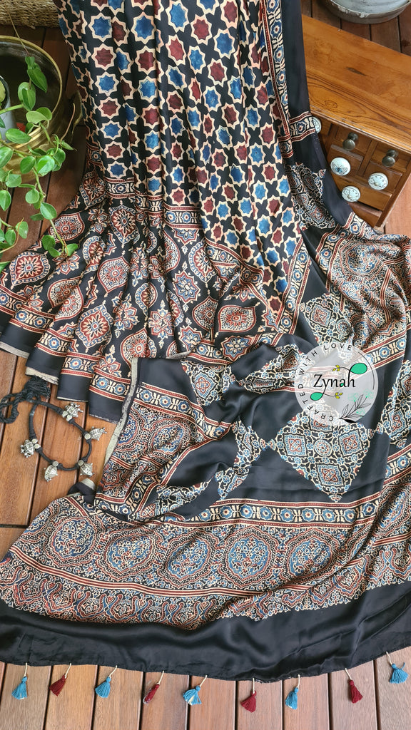 Zynah Pure Modal Silk Ajrakh Saree with Handblock Prints; Custom Stitched/Ready-made Blouse, Fall, Petticoat; Shipping available USA, Worldwide