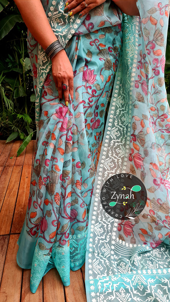 Zynah Pure Organza Silk Kalamkari Saree with Dhakai Jamdhani Thread Embroidery; Custom Stitched/Ready-made Blouse, Fall, Petticoat; Shipping available USA, Worldwide
