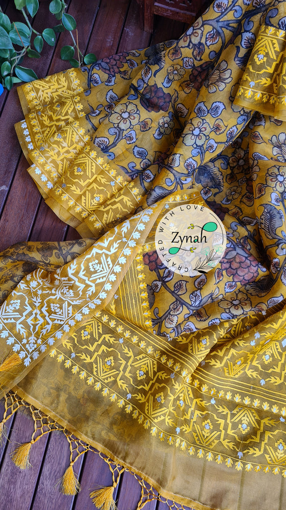 Zynah Pure Organza Silk Kalamkari Saree with Dhakai Jamdhani Thread Embroidery; Custom Stitched/Ready-made Blouse, Fall, Petticoat; Shipping available USA, Worldwide