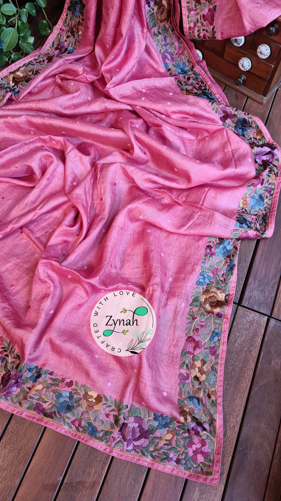 Zynah Made to Order Pure Tussar Silk Parsi Gara Handcrafted Saree; Custom Stitched/Ready-made Blouse, Fall, Petticoat; Shipping available USA, Worldwide