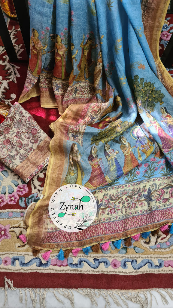 Zynah Organic Pure Linen by Linen(120c) Saree with Digital Kalamkari Prints; Custom Stitched/Ready-made Blouse, Fall, Petticoat; Shipping available USA, Worldwide