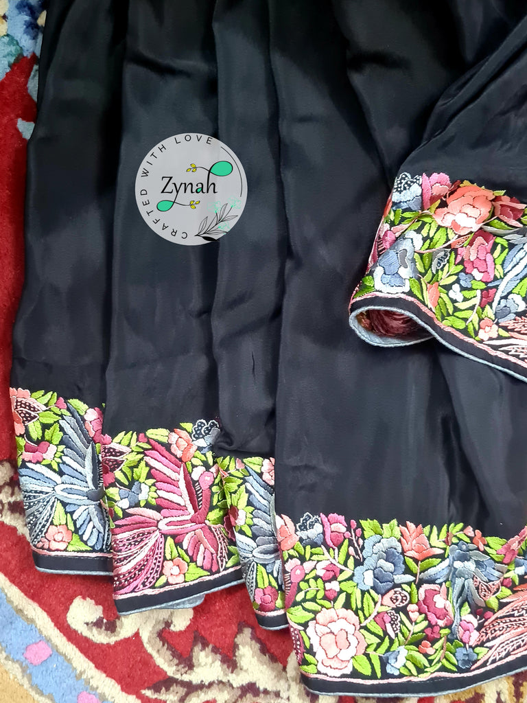 Zynah Made to Order Black Pure Crepe Silk Parsi Gara Handcrafted Saree; Custom Stitched/Ready-made Blouse, Fall, Petticoat; Shipping available USA, Worldwide