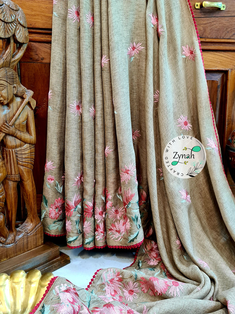 Zynah Pure Jute Muslin Embroidery Saree with Crochet lace; Custom Stitched/Ready-made Blouse, Fall, Petticoat; Shipping available USA, Worldwide