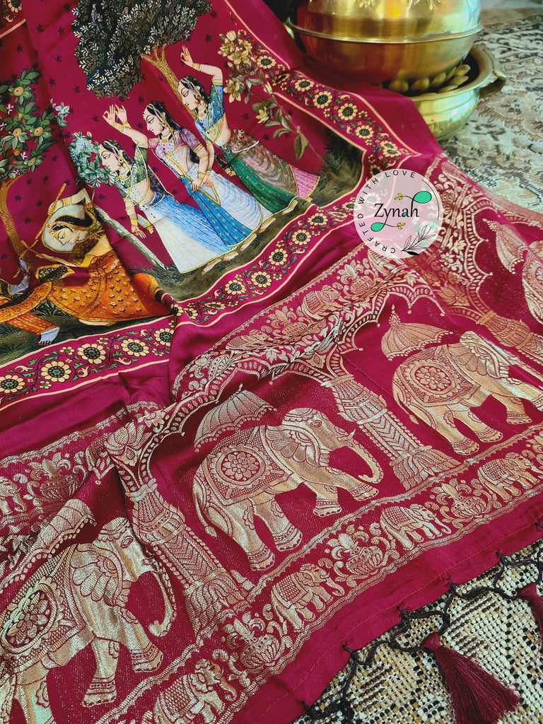 Zynah Pure Gajji Silk Saree with Bandhani & Pichwai Prints, Amdavadi Pallu; Custom Stitched/Ready-made Blouse, Fall, Petticoat; Shipping available USA, Worldwide