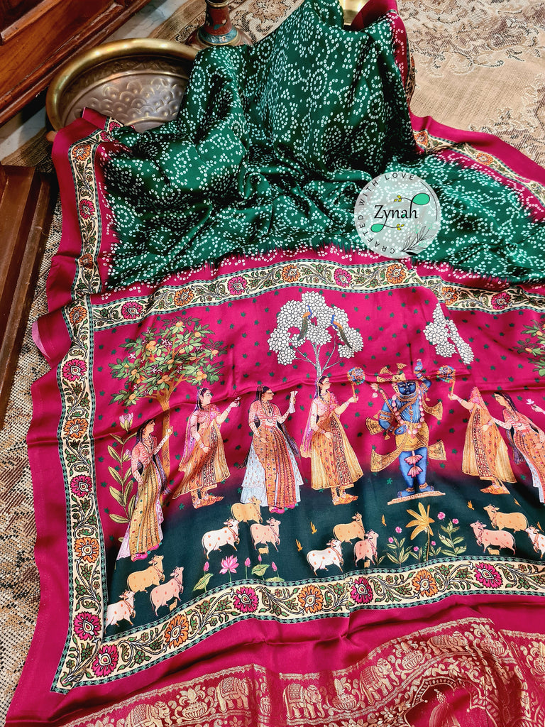 Zynah Pure Gajji Silk Saree with Bandhani & Pichwai Prints, Amdavadi Pallu; Custom Stitched/Ready-made Blouse, Fall, Petticoat; Shipping available USA, Worldwide