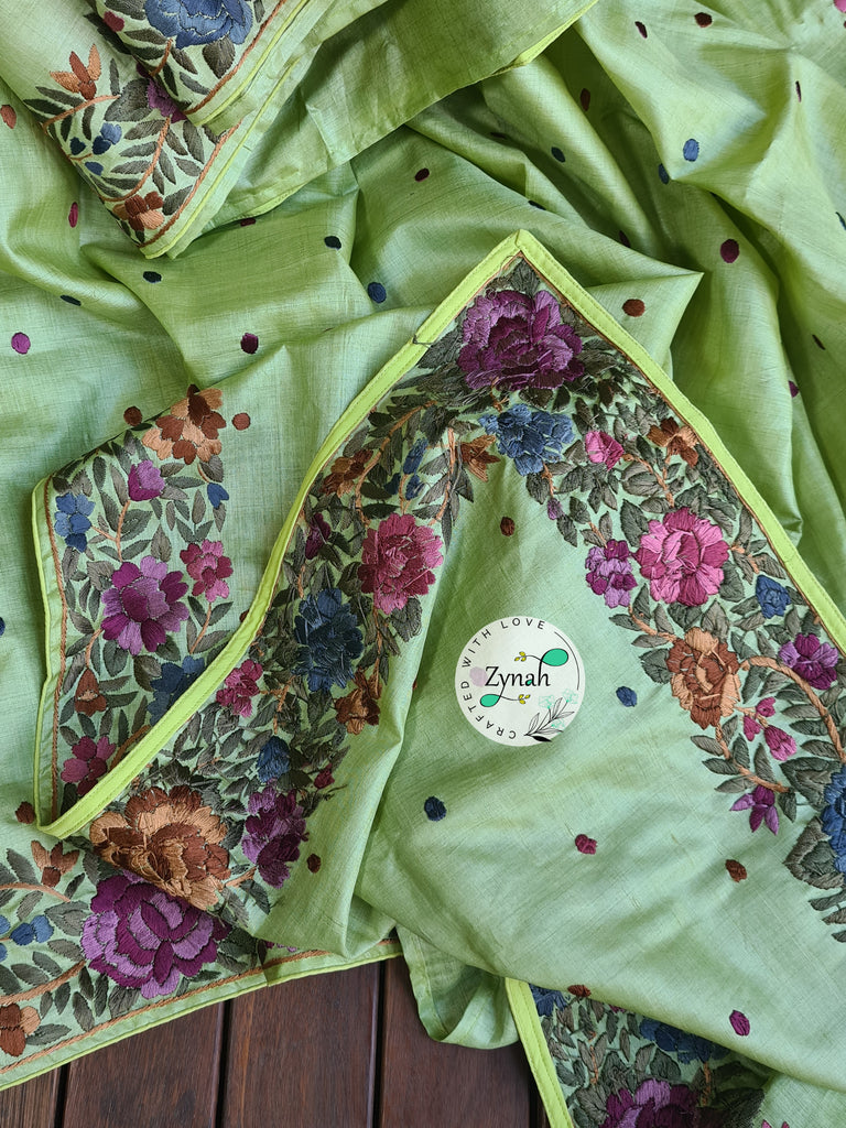Zynah Pure Tussar Silk Parsi Gara Handcrafted Saree; Custom Stitched/Ready-made Blouse, Fall, Petticoat; Shipping available USA, Worldwide