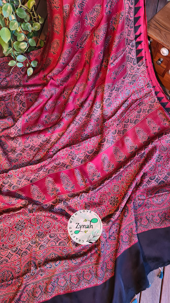 Zynah Pure Modal Silk Ajrakh Saree with Handblock Prints; Custom Stitched/Ready-made Blouse, Fall, Petticoat; Shipping available USA, Worldwide