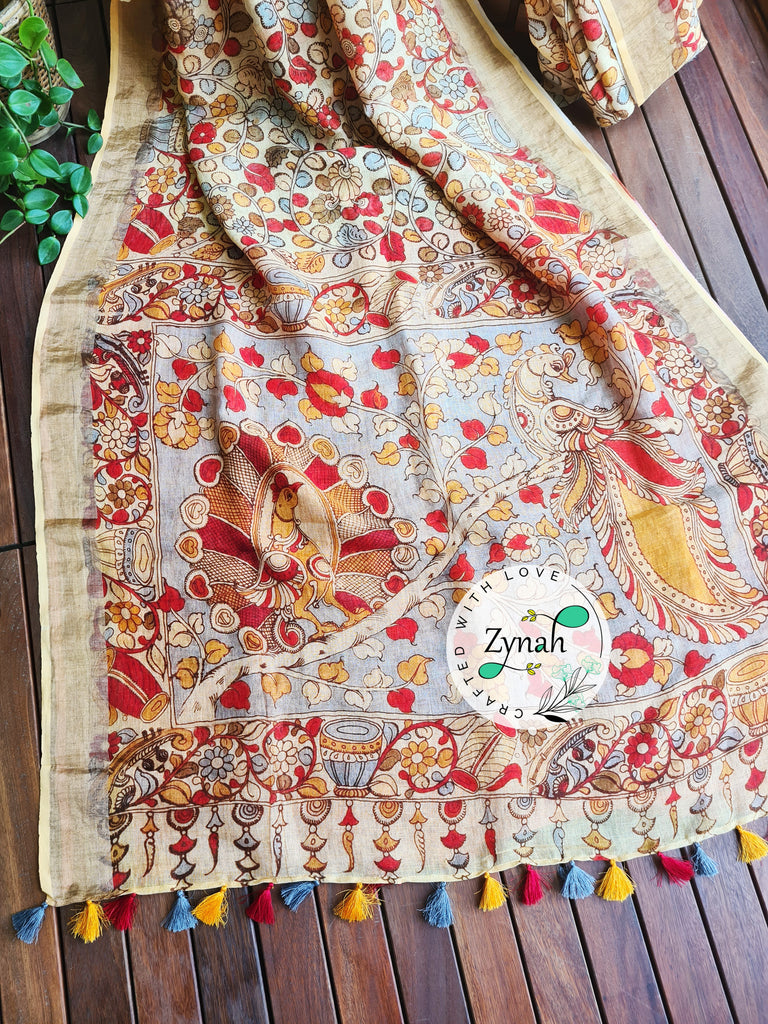 Zynah Kalamkari Organic Lab Tested 120 Count pure 'Linen by Linen' Saree; Custom Stitched/Ready-made Blouse, Fall, Petticoat; Shipping available USA, Worldwide