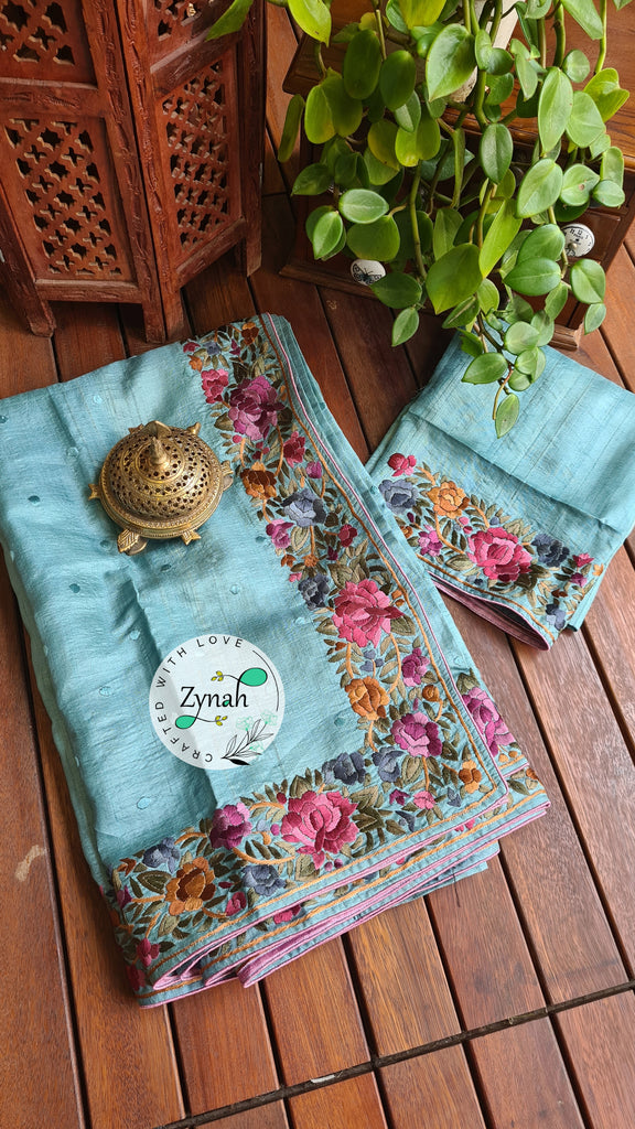 Zynah Made to Order Pure Tussar Silk Parsi Gara Handcrafted Saree; Custom Stitched/Ready-made Blouse, Fall, Petticoat; Shipping available USA, Worldwide