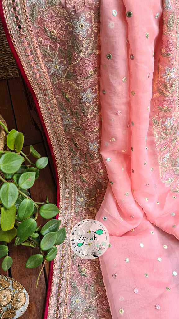 Zynah Pure Organza Silk Saree with Foil Mirror Work & Thread Embroidery; Custom Stitched/Ready-made Blouse, Fall, Petticoat; Shipping available USA, Worldwide