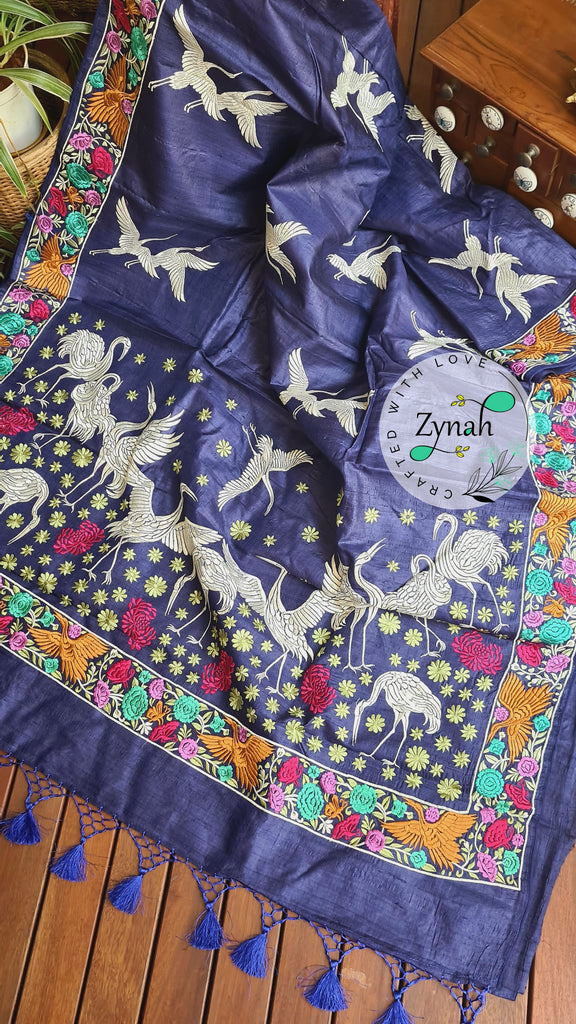 Zynah Pure Tussar Silk Parsi work Inspired Saree, Flamingo Bird Motifs; Custom Stitched/Ready-made Blouse, Fall, Petticoat; Shipping available USA, Worldwide