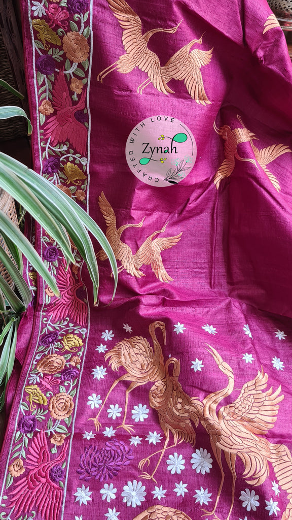 Zynah Pure Tussar Silk Parsi work Inspired Saree, Flamingo Bird Motifs; Custom Stitched/Ready-made Blouse, Fall, Petticoat; Shipping available USA, Worldwide