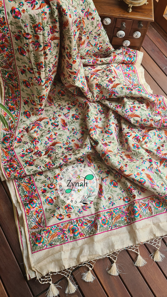 Zynah Pure Tussar Silk Parsi work Inspired Saree, Flamingo Bird Motifs; Custom Stitched/Ready-made Blouse, Fall, Petticoat; Shipping available USA, Worldwide