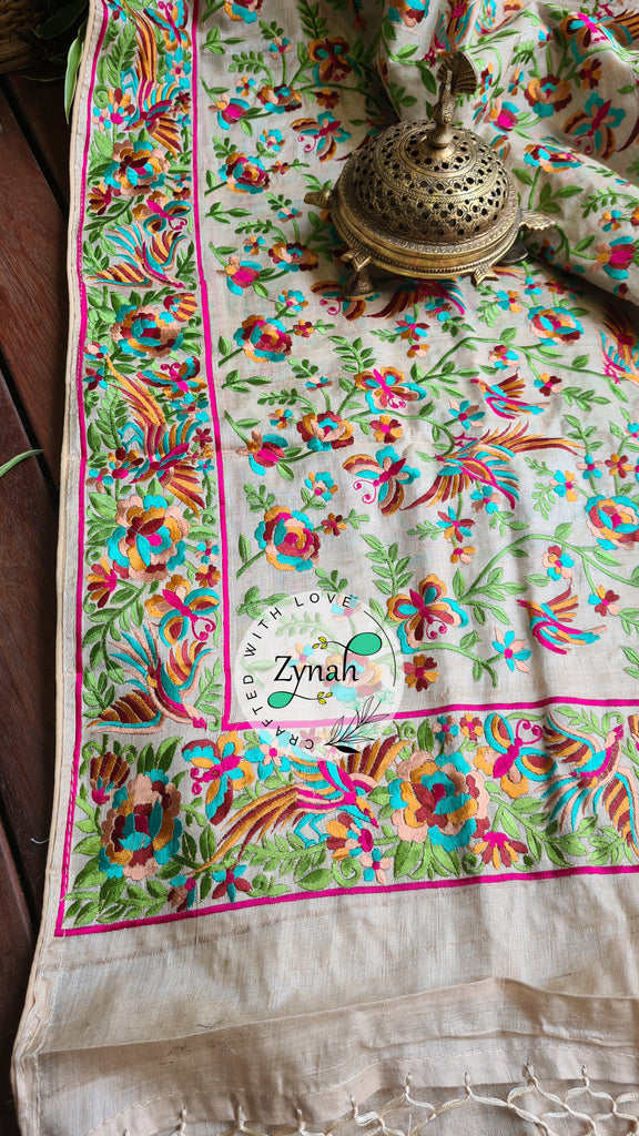 Zynah Pure Tussar Silk Parsi work Inspired Saree, Flamingo Bird Motifs; Custom Stitched/Ready-made Blouse, Fall, Petticoat; Shipping available USA, Worldwide