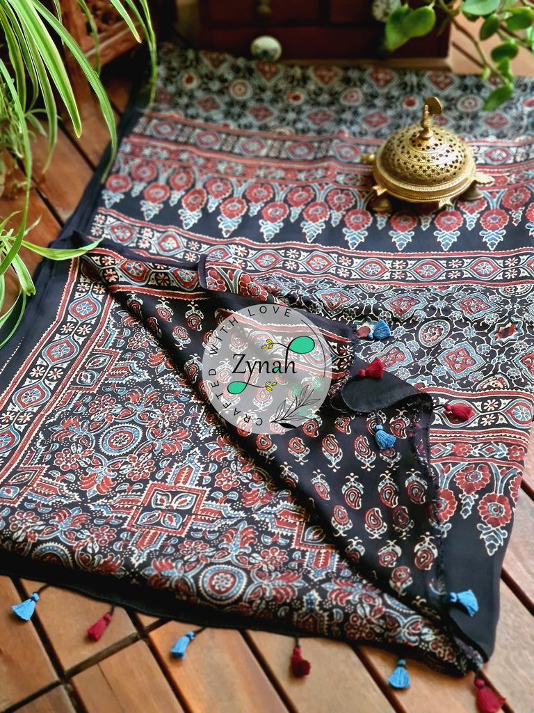 Zynah Pure Modal Silk Ajrakh Saree with Handblock Prints; Custom Stitched/Ready-made Blouse, Fall, Petticoat; Shipping available USA, Worldwide