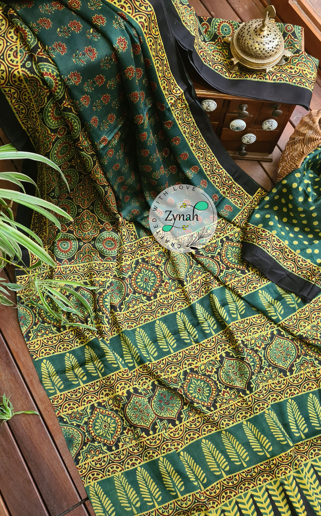 Zynah Pure Modal Silk Ajrakh Saree with Handblock Prints; Custom Stitched/Ready-made Blouse, Fall, Petticoat; Shipping available USA, Worldwide