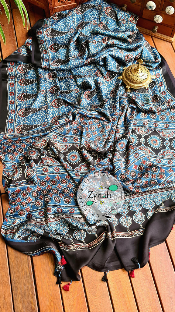 Zynah Pure Modal Silk Ajrakh Saree with Handblock Prints; Custom Stitched/Ready-made Blouse, Fall, Petticoat; Shipping available USA, Worldwide