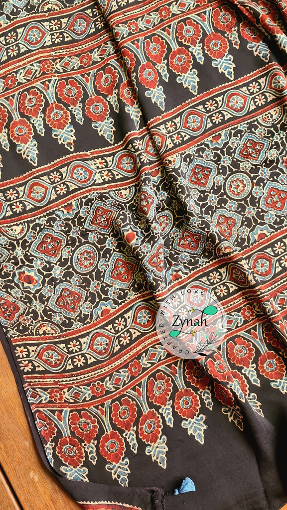 Zynah Pure Modal Silk Ajrakh Saree with Handblock Prints; Custom Stitched/Ready-made Blouse, Fall, Petticoat; Shipping available USA, Worldwide