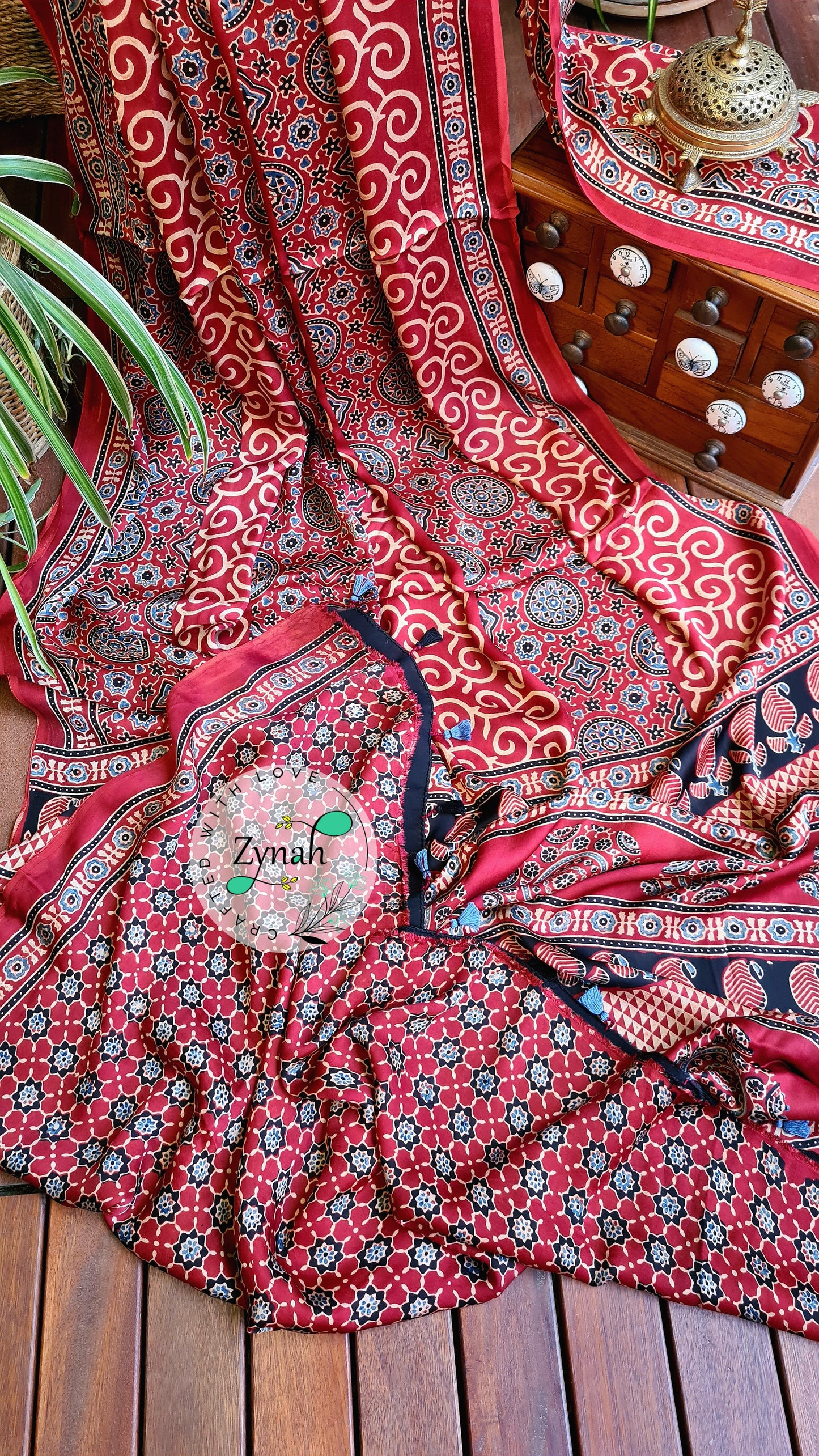 Zynah Pure Modal Silk Ajrakh Saree with Handblock Prints; Custom Stitched/Ready-made Blouse, Fall, Petticoat; Shipping available USA, Worldwide
