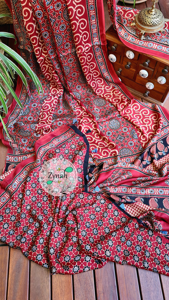 Zynah Pure Modal Silk Ajrakh Saree with Handblock Prints; Custom Stitched/Ready-made Blouse, Fall, Petticoat; Shipping available USA, Worldwide