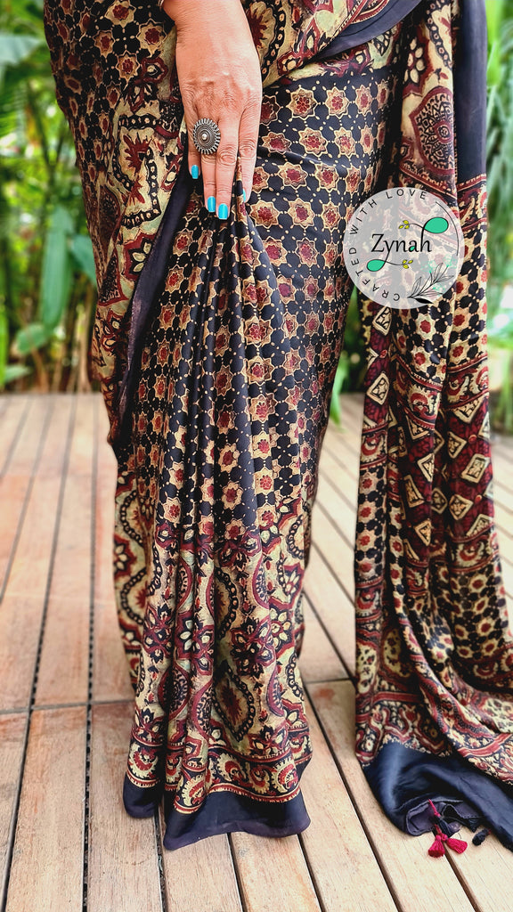 Zynah Pure Modal Silk Ajrakh Saree with Handblock Prints; Custom Stitched/Ready-made Blouse, Fall, Petticoat; Shipping available USA, Worldwide