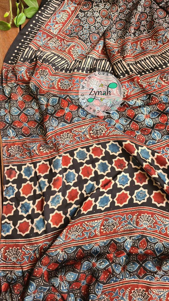 Zynah Pure Modal Silk Ajrakh Saree with Handblock Prints; Custom Stitched/Ready-made Blouse, Fall, Petticoat; Shipping available USA, Worldwide