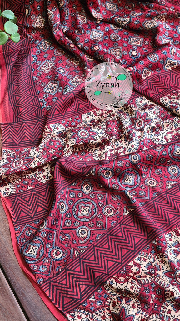 Zynah Pure Modal Silk Ajrakh Saree with Handblock Prints; Custom Stitched/Ready-made Blouse, Fall, Petticoat; Shipping available USA, Worldwide