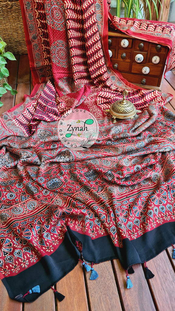Zynah Pure Modal Silk Ajrakh Saree with Handblock Prints; Custom Stitched/Ready-made Blouse, Fall, Petticoat; Shipping available USA, Worldwide