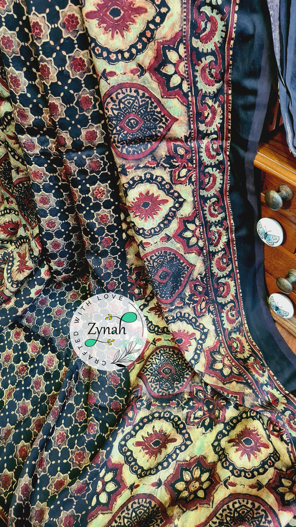 Zynah Pure Modal Silk Ajrakh Saree with Handblock Prints; Custom Stitched/Ready-made Blouse, Fall, Petticoat; Shipping available USA, Worldwide