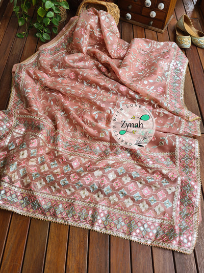 Zynah Pure Organza Silk Saree with Gotapatti Lace, Foil & Thread Embroidery Work; Custom Stitched/Ready-made Blouse, Fall, Petticoat; Shipping available USA, Worldwide