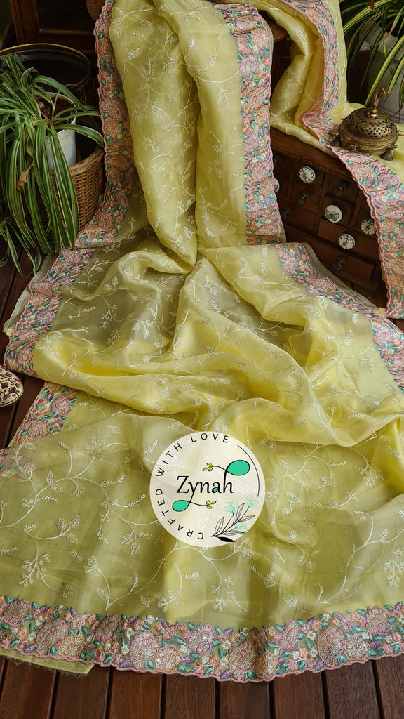 Zynah Pure Organza Silk Saree with Scalloped Border, Thread Embroidery & Sequence Work; Custom Stitched/Ready-made Blouse, Fall, Petticoat; Shipping available USA, Worldwide