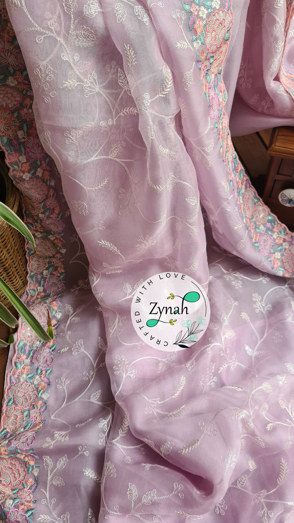 Zynah Pure Organza Silk Saree with Scalloped Border, Thread Embroidery & Sequence Work; Custom Stitched/Ready-made Blouse, Fall, Petticoat; Shipping available USA, Worldwide