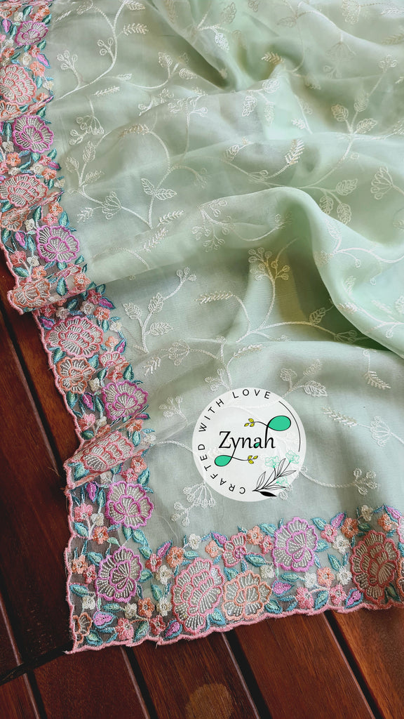 Zynah Pure Organza Silk Saree with Scalloped Border, Thread Embroidery & Sequence Work; Custom Stitched/Ready-made Blouse, Fall, Petticoat; Shipping available USA, Worldwide