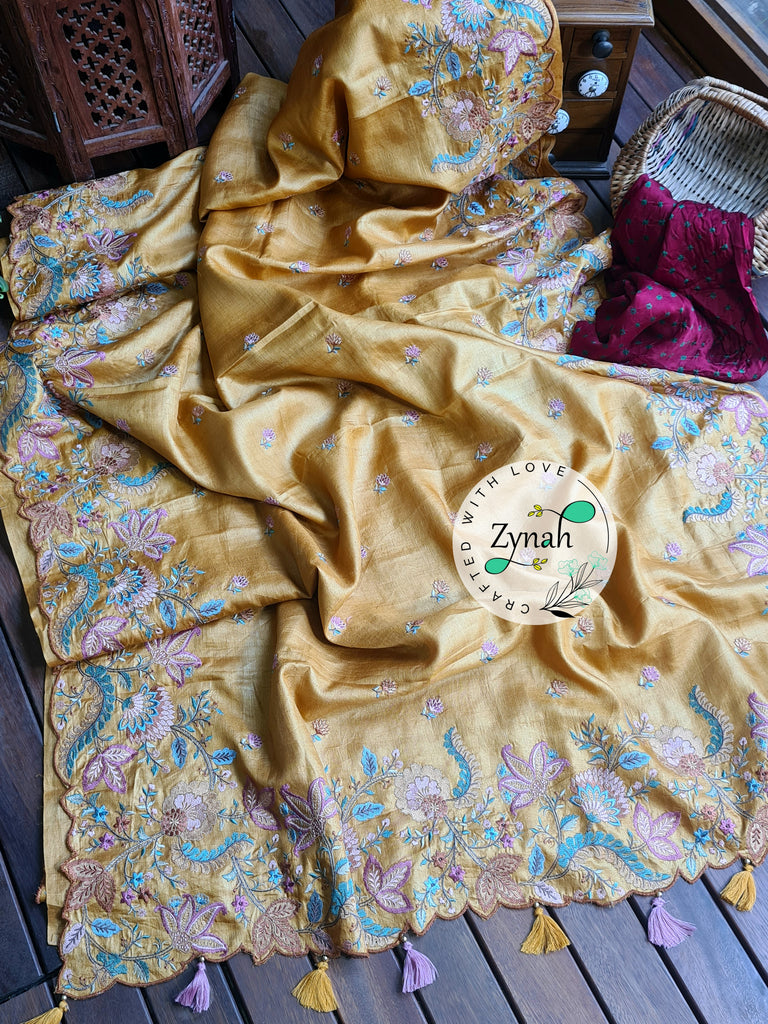 Zynah Pure Tussar Silk Embroidered Saree with Scalloped Border & 2 blouse pieces; Custom Stitched/Ready-made Blouse, Fall, Petticoat; Shipping available USA, Worldwide