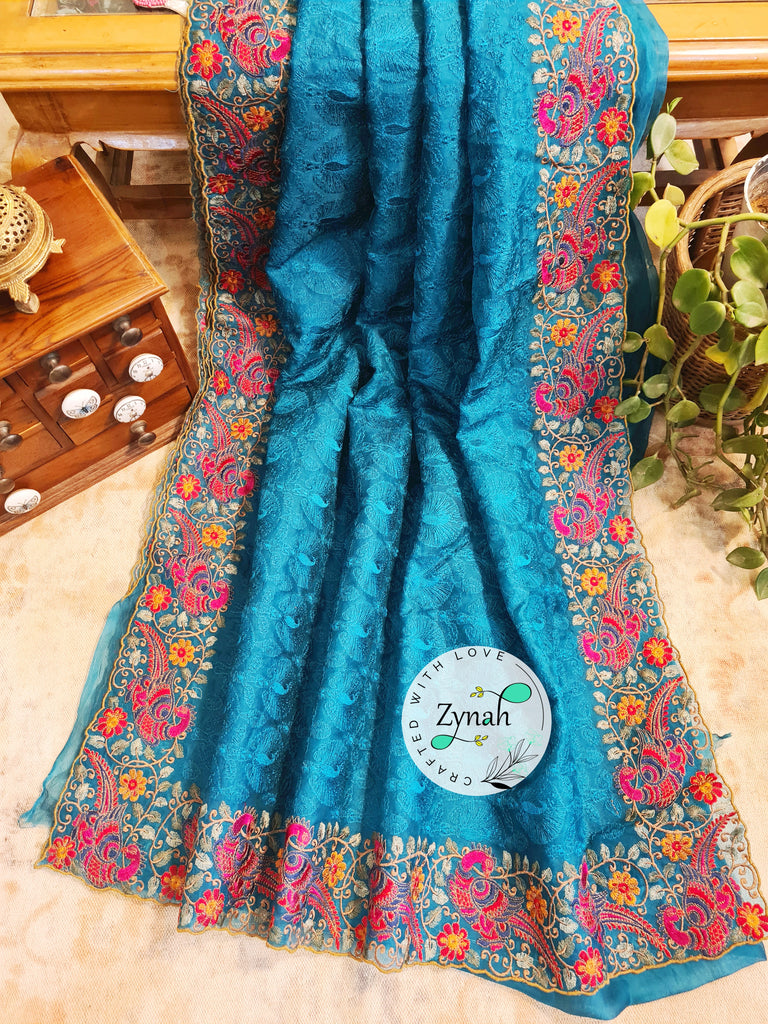 Zynah Designer Pure Kora Silk Saree with Scalloped Border & Thread Embroidery; Custom Stitched/Ready-made Blouse, Fall, Petticoat; Shipping available USA, Worldwide