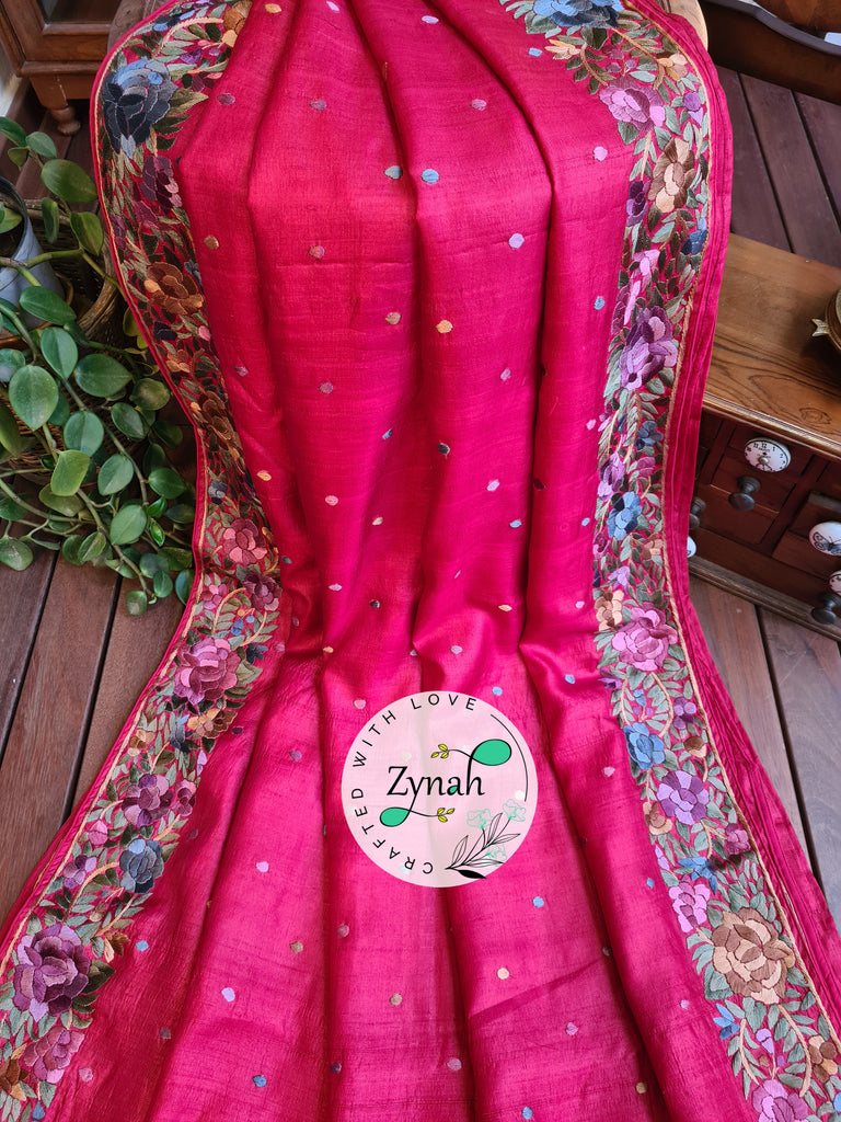 Zynah Made to Order Pure Tussar Silk Parsi Gara Handcrafted Saree; Custom Stitched/Ready-made Blouse, Fall, Petticoat; Shipping available USA, Worldwide