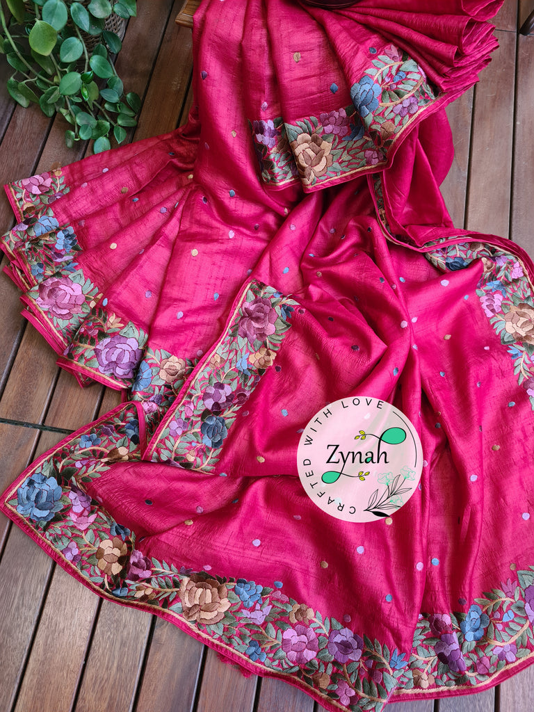 Zynah Made to Order Pure Tussar Silk Parsi Gara Handcrafted Saree; Custom Stitched/Ready-made Blouse, Fall, Petticoat; Shipping available USA, Worldwide
