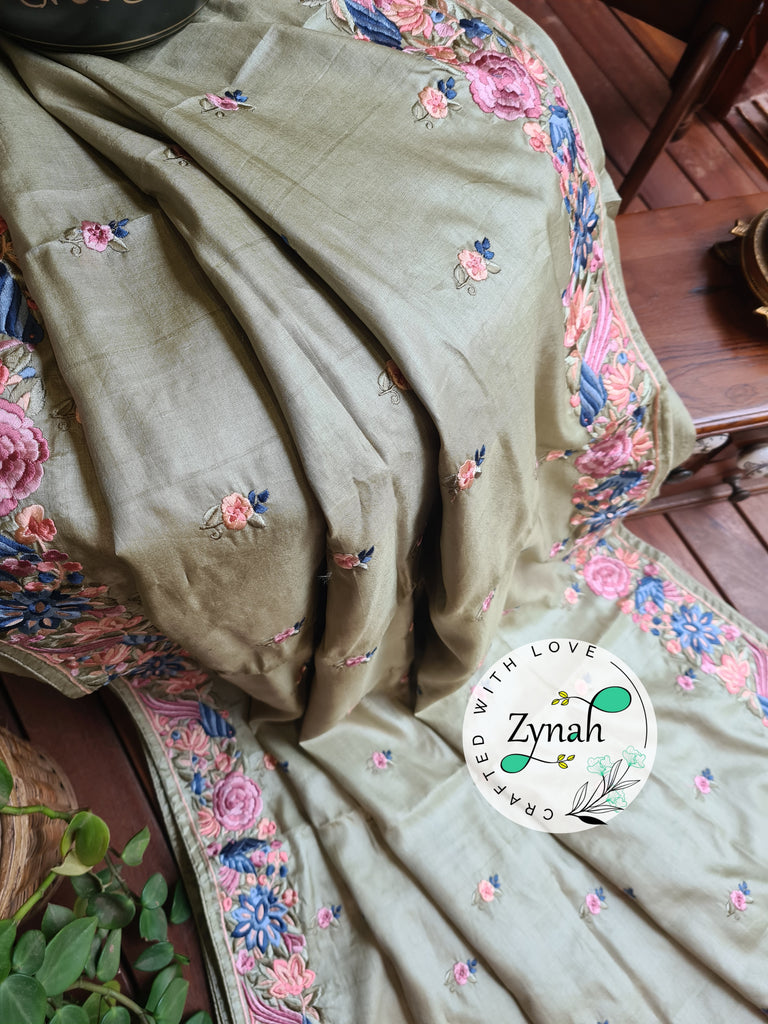 Zynah Pista Green Color Pure Handwoven Tussar Silk Parsi Gara Inspired Resham Thread Embroidery Saree; Custom Stitched/Ready-made Blouse, Fall, Petticoat; Shipping available USA, Worldwide