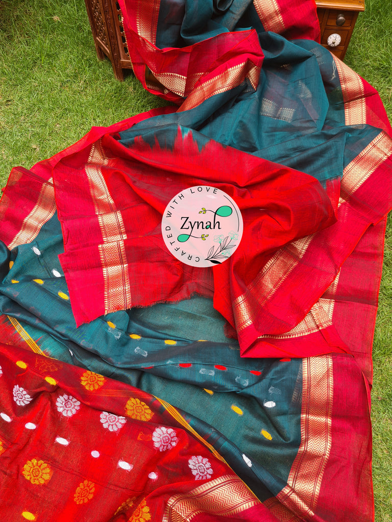 Zynah Green & Red Color Pure Handspun Cotton Saree with Zari Weave Border; Custom Stitched/Ready-made Blouse, Fall, Petticoat; Shipping available USA, Worldwide