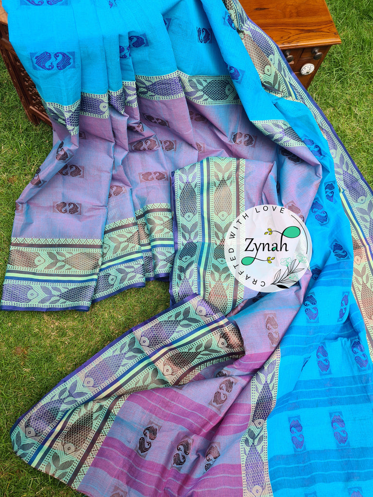 Zynah Blue Color Pure Handspun Cotton Saree with Zari Weave Border; Custom Stitched/Ready-made Blouse, Fall, Petticoat; Shipping available USA, Worldwide
