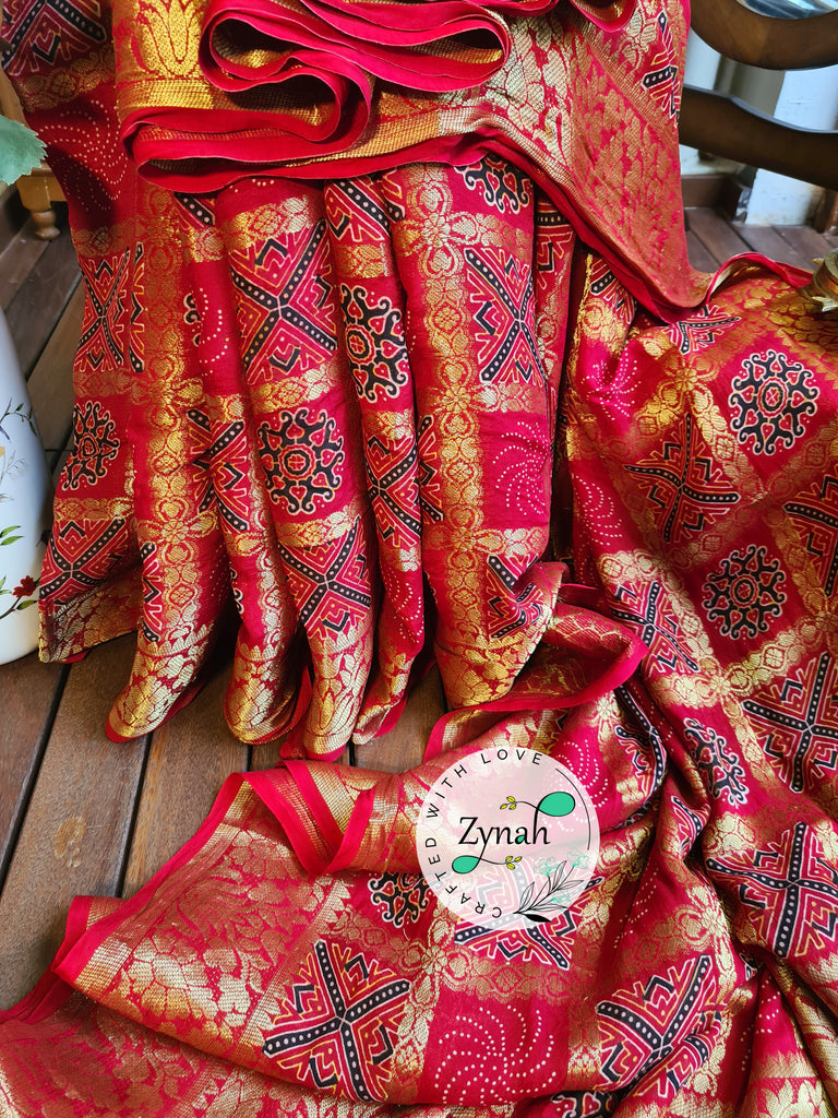 Zynah Pure Munga Silk Saree with Ajrakh Prints & Gharchola Zari Weave; Custom Stitched/Ready-made Blouse, Fall, Petticoat; Shipping available USA, Worldwide