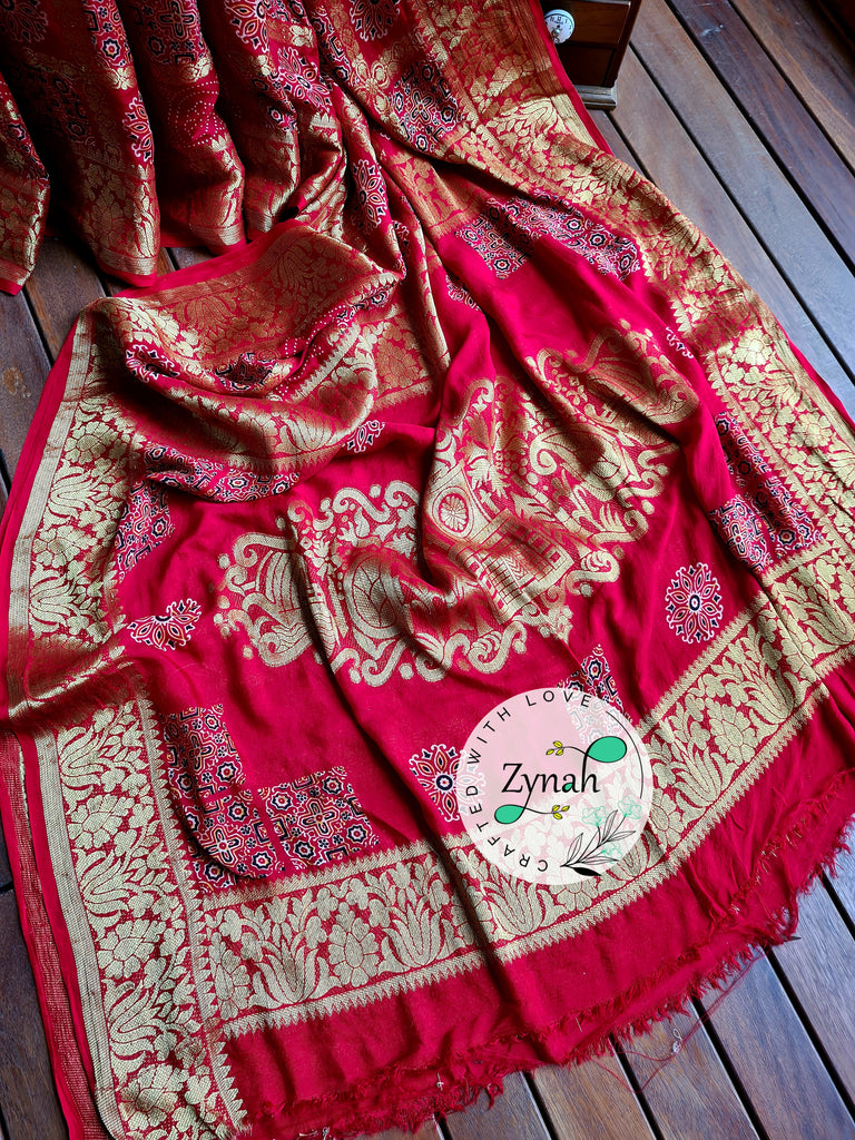 Zynah Pure Munga Silk Saree with Ajrakh Prints & Gharchola Zari Weave; Custom Stitched/Ready-made Blouse, Fall, Petticoat; Shipping available USA, Worldwide