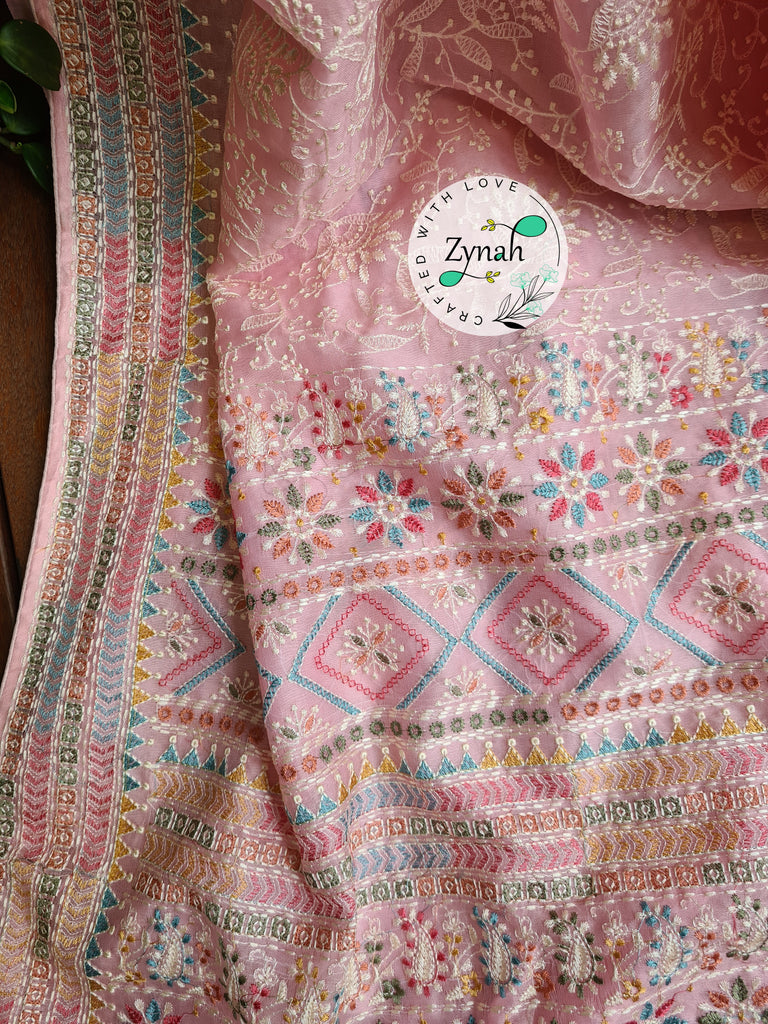 Zynah Pure Organza Silk Saree with Kantha Style Embroidery; Custom Stitched/Ready-made Blouse, Fall, Petticoat; Shipping available USA, Worldwide
