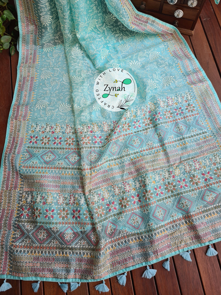 Zynah Powder Blue Color Pure Organza Silk Saree with Kantha Stitch & Chikankari Inspired Embroidery; Custom Stitched/Ready-made Blouse, Fall, Petticoat; Shipping available USA, Worldwide