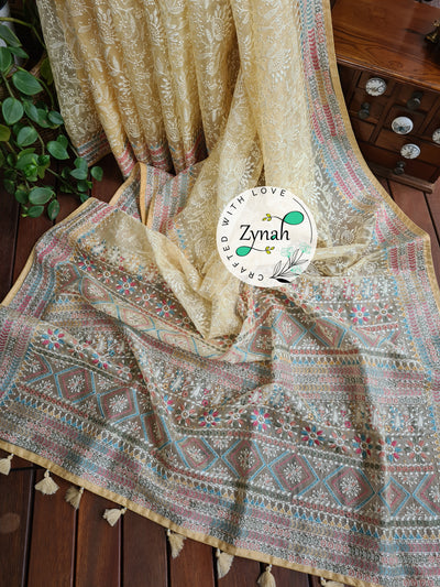 Zynah Butterscotch Yellow Color Pure Organza Silk Saree with Kantha Style Embroidery; Custom Stitched/Ready-made Blouse, Fall, Petticoat; Shipping available USA, Worldwide