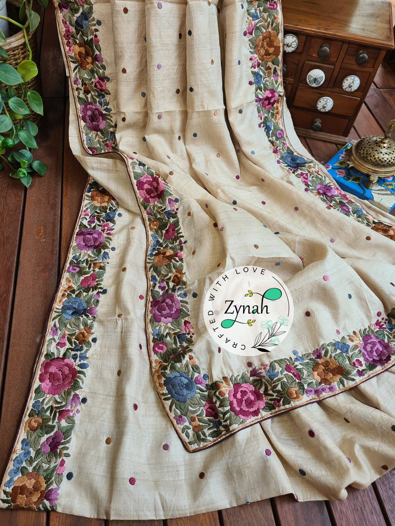 Zynah Off-white Color Made to Order Pure Tussar Silk Parsi Gara Handcrafted Saree; Custom Stitched/Ready-made Blouse, Fall, Petticoat; Shipping available USA, Worldwide