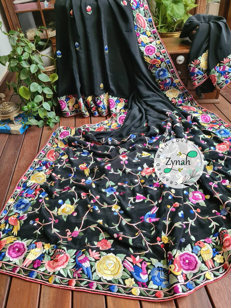 Zynah Black Color Pure Crepe Silk Parsi Gara Handcrafted Saree; Custom Stitched/Ready-made Blouse, Fall, Petticoat; Shipping available USA, Worldwide